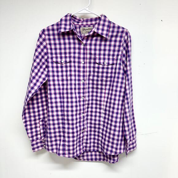 WRANGLER Button Down Women Size Medium Purple Pearl Snap Long Sleeve Plaid - Picture 1 of 3
